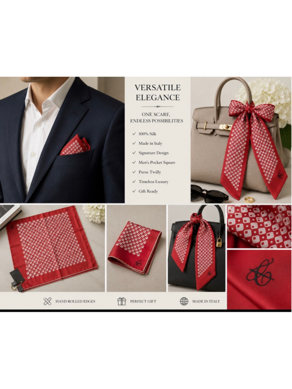 Canali Unisex Silk Pocket Square/Twilly Scarf One Size Red White